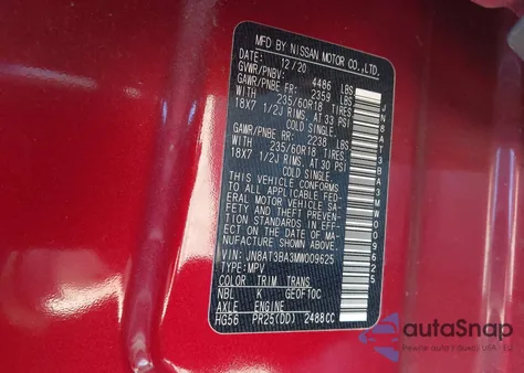 2021 Nissan Rogue Sv Fwd z USA, uszkodzony, nr VIN JN8AT3BA3MW009625